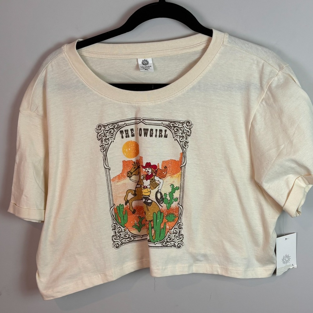 NEW La Luna The Cowgirl Womens Beige Crop Graphic Tee sz XL Western Boho NWT